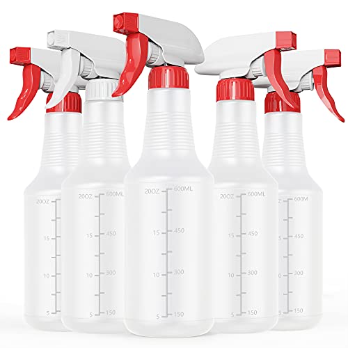 Veco Spray Bottle (5 Pack,24 Oz) with Measurements and Adjustable Nozzle(Mist & Stream Mode), HDPE Plastic Spray Bottles for Cleaning Solution, Household/Commercial/Industrial Use, No Leak and Clog - size: 24 oz 5Pack