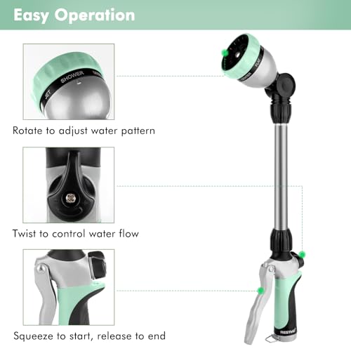 RESTMO Metal Watering Wand, Heavy Duty Garden Hose Wand with 180° Swivel Ratcheting Head, 16'' Hose Nozzle Sprayer with 7 Spray Patterns and Flow Control, for Water Hanging Baskets and Shrubs, Cyan - color: Cyan