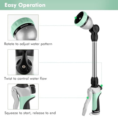 RESTMO Metal Watering Wand, Heavy Duty Garden Hose Wand with 180° Swivel Ratcheting Head, 16'' Hose Nozzle Sprayer with 7 Spray Patterns and Flow Control, for Water Hanging Baskets and Shrubs, Cyan - color: Cyan