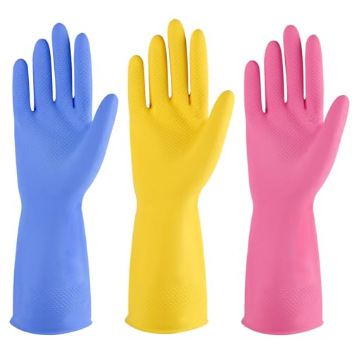 Rubber cleaning gloves 3 or 6 Pairs for Household,Reuseable dishwashing gloves for Kitchen. - color: Multicolor, size: Small (Pack of 3)