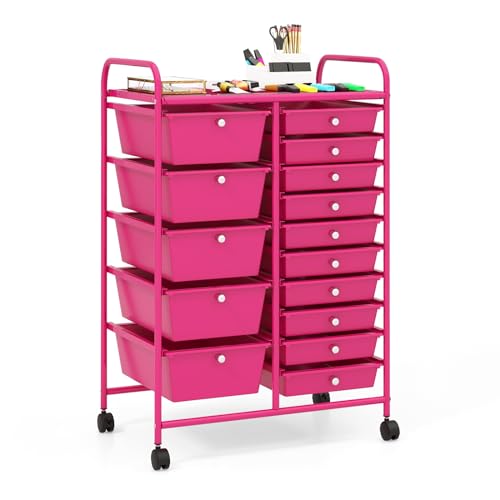 RELAX4LIFE 15-Drawer Storage Drawer Carts - Mobile Rolling Utility Cart w/Wheels, Craft Organizer for Classroom Organization and Storage, School, Office, Home, Storage Organizer Cart - color: Hot Pink, style: 15 Drawers-34.5"
