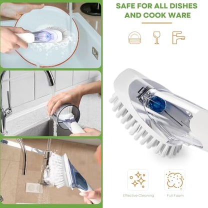 RIMAY Dish Brush with Soap Dispenser, Dish Washing Brush with Handle, Soap Dispensing Dish Brush, Soap Brush for Kitchen Sink, Dish Wand Kitchen Brushes for Dishes/Pans/Pots/Sink (White) - color: White