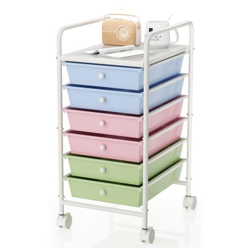 6-Tier Utility Cart with 6 Drawers, Rolling Utility Cart with 2 Lockable Caster Wheels, Multipurpose Mobile Rolling Drawer Cart for Office Bathroom Kitchen, Colorful - size: Colorful, 6-Tier