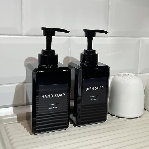 Black Soap Dispenser with Waterproof Labels, Thickened Plastic Hand Soap Dispenser for Bathroom, Kitchen Dish Washing Liquid Bottles, Shampoo and Conditioner Bottles with Funnel (15oz 4Pack Black) - color: 15oz 4 Pack Black