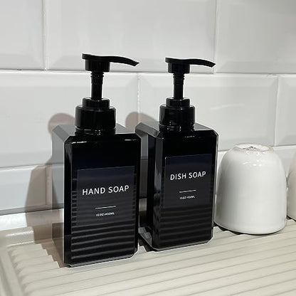 Black Soap Dispenser with Waterproof Labels, Thickened Plastic Hand Soap Dispenser for Bathroom, Kitchen Dish Washing Liquid Bottles, Shampoo and Conditioner Bottles with Funnel (15oz 4Pack Black) - color: 15oz 4 Pack Black