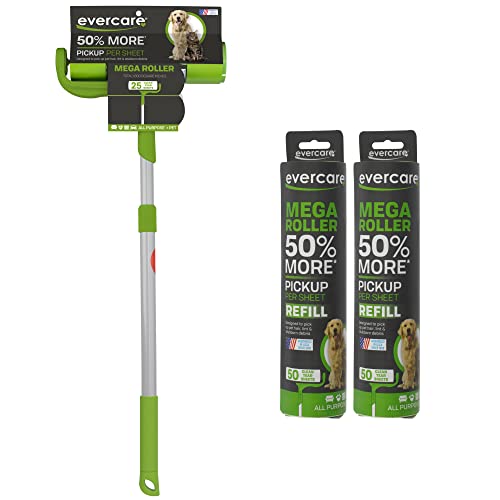 Evercare Pet Mega Lint Roller Value Pack with Two 50-Sheet Refills - Includes Refillable Lint Roller, Adhesive Sheets, Versatile Cleaning Uses, Home and On-The-Go Use, Extendable Handle - size: 3-Pack (125 Sheets), style: Pet Mega Lint Roller + 2 Refills