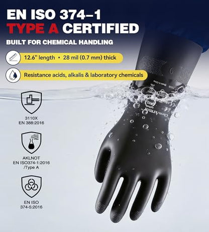 AnTools 2 Pairs Heavy-Duty Chemical Resistant Rubber Gloves, Protective Industrial Gloves for Cleaning, Dishwashing, Resist Acid, Alkali, Hazmat, Black, Medium - size: Medium (Pack of 2)