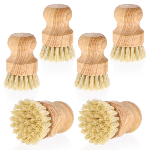 6 Packs Bamboo Dish Scrub Brushes Wok Brush Dish Scrubber Brush Kitchen Dishwashing Scrubber with Natural Bristles Bamboo Scrub Brush for Cleaning Pans, Pots, Sink