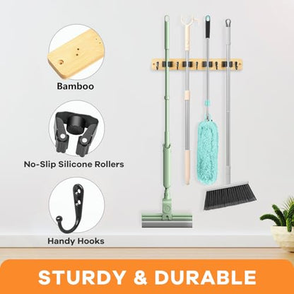 IMILLET Mop and Broom Holder Wall Mount, Bamboo Broom Hanger with 4 Racks and 5 Hooks, Laundry Room Decor, Self Adhesive Over the Door Broom Organizer, Wall Organizer for Home Garage Closet (1 Pack) - style: Bamboo-4 Slots
