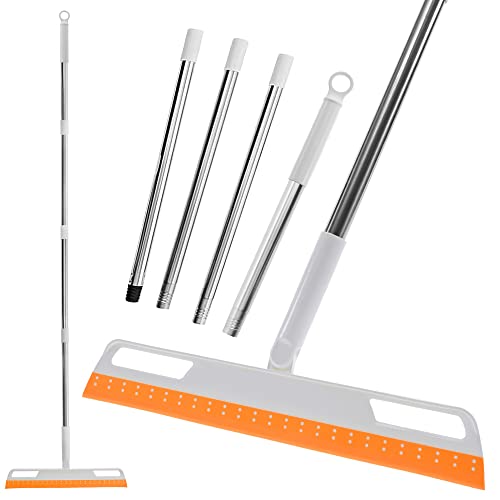 Multifunction Rubber Air Broom, Silicone Floor Squeegee, Air Broom, Rubber Squeegee with 56" Long Handle, Floor Scraping Sweeper Wiper for Bathroom Shower Kitchen Pet Hair Fur Marble Tile (Orange) - color: Orange