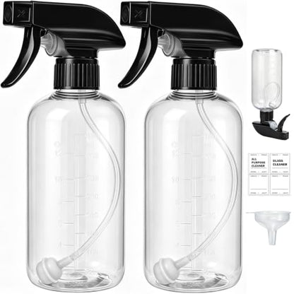 Spray Bottles 16oz 2 pack — 360° Any-Angle Spraying, Mist & Stream Plastic Empty Water Sprayer, with Measurements & Weighted Straw, Leak-Resistant for Cleaning Solutions, Planting, Hair + Funnel - style: 16oz, 2 pack