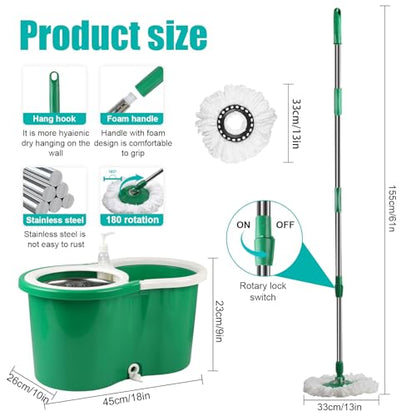 Spin Mop and Bucket with Wringer Set, 360° Spinning Mop Bucket System with 3 Microfiber Mop Replacement Heads and 61" Stainless Steel Adjustable Handle for Floor Cleaning (20QT) - color: Green