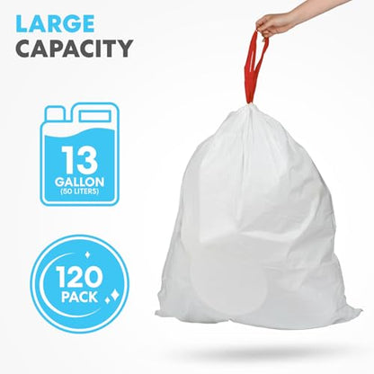 Simpli-Magic 13 Gallon Drawstring Trash Bags, Code B, 120 Pack – Tall Kitchen Garbage Bags, Custom Made with Premium Materials (White) - size: 120 Count (Pack of 1)