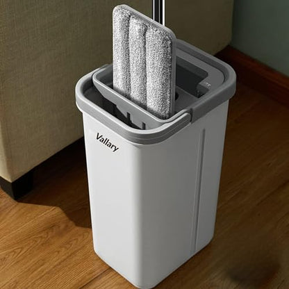 Mop and Bucket Set Self Wringing System – Separate Clean & Dirty Water, 360° Rotating Flat Mop, 2 Reusable Microfiber Pads, Hands Free Wet & Dry Cleaning for Hardwood Tile Laminate – Vallary