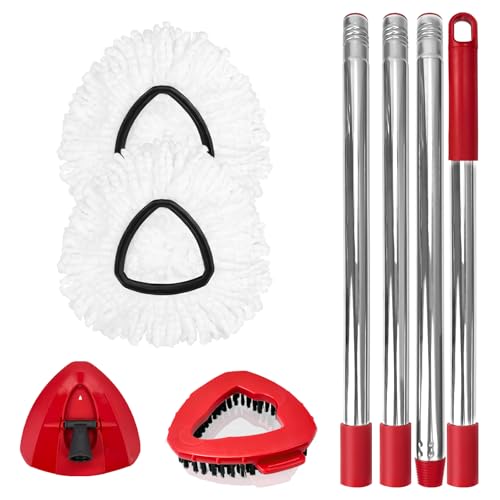 Spin Mop Heads, Handle, Base, Scrubber Head Replacement for OCedar EasyWring 1-Tank System, Microfiber Mop Refills, 30-58in Adjustable 4-Section Handle, Floor Cleaning(No Bucket)