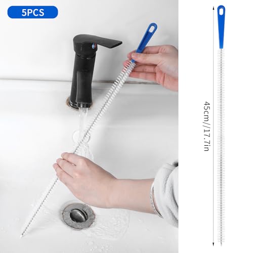 Grevosea 5 Pcs Drain Cleaning Brushes, Sink Drain Brush Pipe Cleaning Flexibly Bendable Sink Brush for Toilet Kitchen Sink Bathroom Tub Shower and Sewer Drain Cleaner Tool (45cm/17.72inch)