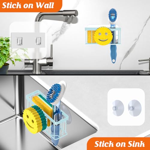 MURLONG Sponge Holder Smiley Face,Sink Caddy for Kitchen Sink,Sponge Holder with 2 PCS Suction Cups/1 PCS Adhesive Strips,Designed for Sponge,Soap,Dish Brush,Scrubber-Blue - color: Blue