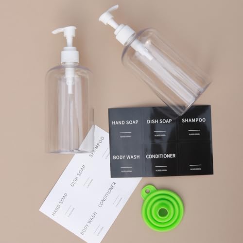 Soap Dispenser with Waterproof Labels, Thickened Plastic Hand Soap Dispenser for Bathroom, Kitchen Dish Washing Liquid Bottles, Shampoo and Conditioner Bottles (16.9 oz, Set of 2, Clear) - color: Clear