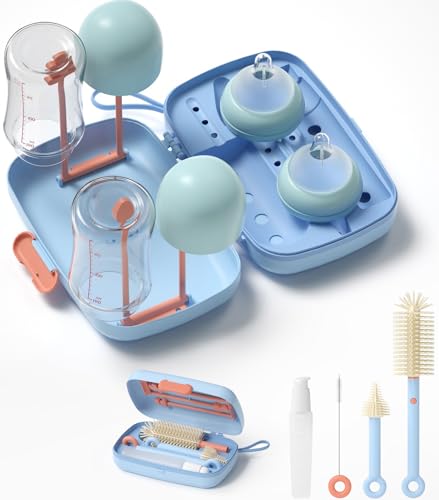 7in1 Travel Bottle Cleaner kit with Baby Bottle Brush and Bottle Drying Rack,Swift Cleaning, Easy Portability(Blue) - color: Blue