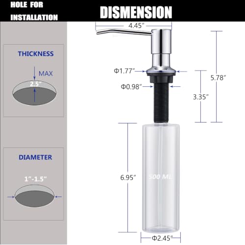Soap Dispenser for Kitchen Sink Chrome, Sink Soap Dispenser Stainless Steel Refill from The Top Built in Sink Soap Dispenser with 17 OZ Soap Bottle - color: Chrome