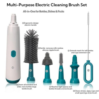 Electric Bottle Brush Set, 6-in-1 Electric Cleaning Brush with Waterproof Silicone Cleaner, 3 Replaceable Brush Heads, Straw Brush & Extension Rod, for Baby Feeding Supplies and Kitchen Utensils - color: Malachite Green