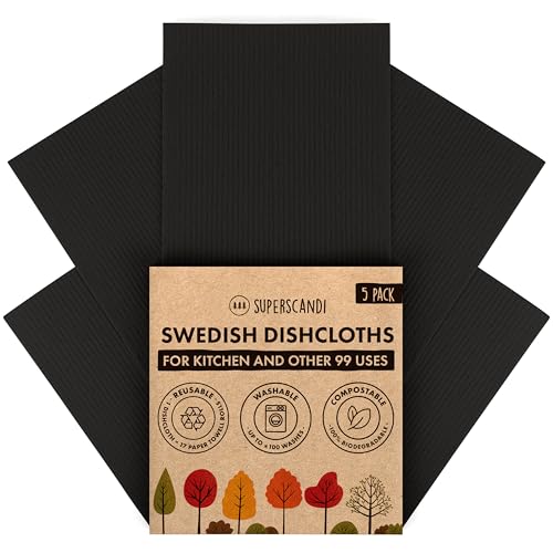 SUPERSCANDI 5 Pack Swedish Dishcloths for Kitchen - 100% Biodegradable & Compostable | Reusable Paper Towels Washable, Food-Safe & Without Plastic - Dish Rags Suitable for Any Surface | Premium, Black - color: Premium, Black