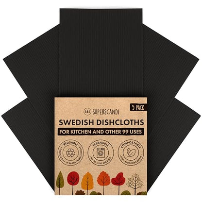 SUPERSCANDI 5 Pack Swedish Dishcloths for Kitchen - 100% Biodegradable & Compostable | Reusable Paper Towels Washable, Food-Safe & Without Plastic - Dish Rags Suitable for Any Surface | Premium, Black - color: Premium, Black