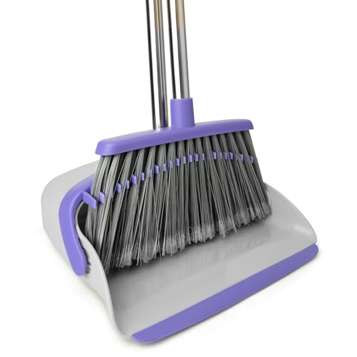 Broom and Dustpan Combo Set, Long Handle and Standing Dust Pan with Comb Teeth, Efficient Floor Cleaning for Kitchen, Outdoor, Dorm, Apartment, Office Lobby (Gray Purple) - color: Gray Purple