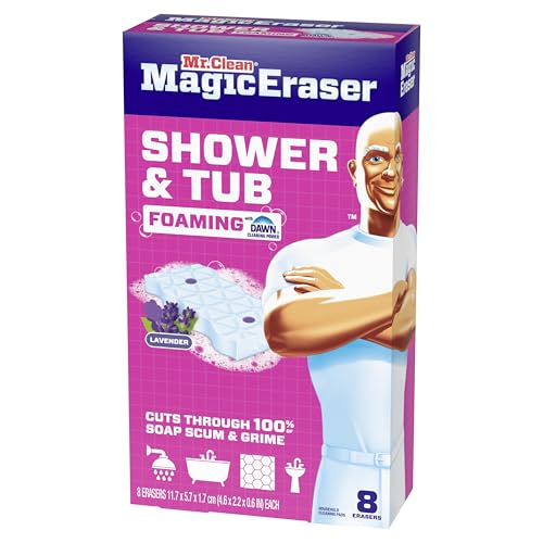 Mr. Clean Magic Eraser Sponge, Bathroom, Shower, Tub Cleaner, Soap Scum Remover, Bathroom Cleaning Supplies, Dawn Cleaning Power with Lavender Scent, Shower & Tub, 8ct - size: 1 Count (Pack of 8), style: Upgraded Version