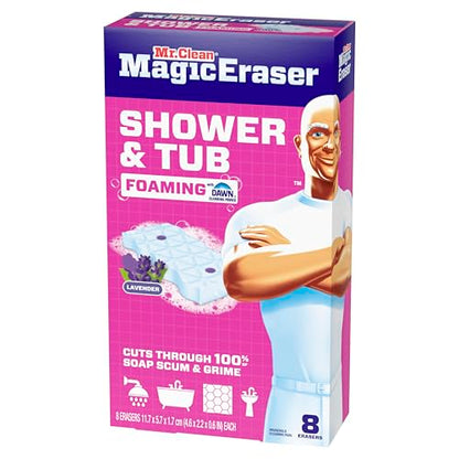 Mr. Clean Magic Eraser Sponge, Bathroom, Shower, Tub Cleaner, Soap Scum Remover, Bathroom Cleaning Supplies, Dawn Cleaning Power with Lavender Scent, Shower & Tub, 8ct - size: 1 Count (Pack of 8), style: Upgraded Version