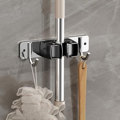 Wall-Mounted Broom Holder Stainless Steel Mop Storage Rack Laundry Room Storage Solution Suitable for Kitchens, Gardens,Garages (Option A: 1 clip with 2 hooks) - color: Option A: 1 clip with 2 hooks