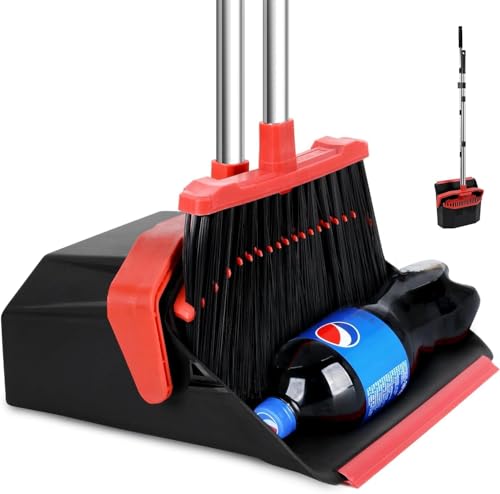 Large Upright Broom and Dustpan, Heavy Duty Dust Pan with 51" Long Handle for Indoor Outdoor Garage Kitchen Room (Black and Red) - color: Black and Red