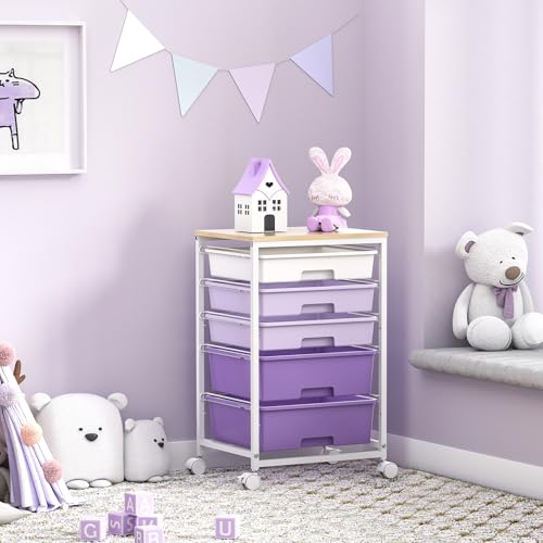 SYKIARIOL Utility Cart with 5 Drawers,Storage Drawer Cart with Wooden Tabletop and Lockable Wheels,Craft Storage Trolley Cart,5-Tier Rolling Utility Cart on Wheels,Purple - color: Purple