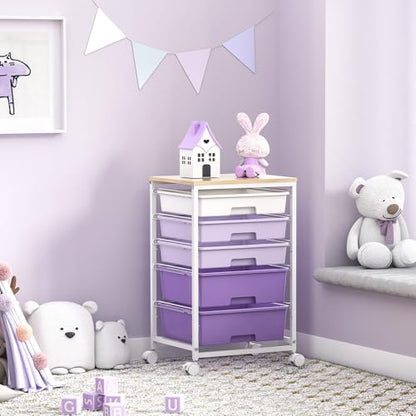 SYKIARIOL Utility Cart with 5 Drawers,Storage Drawer Cart with Wooden Tabletop and Lockable Wheels,Craft Storage Trolley Cart,5-Tier Rolling Utility Cart on Wheels,Purple - color: Purple
