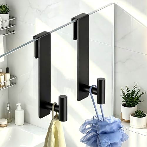 Shower Door Hooks, Heavy Duty Rack Hooks for Robe, Stainless Steel Towel Hooks for Bathroom, Fits Frameless Glass Shower Doors up to 3/8" (10mm) Thick (Black, 2 Pack) - color: Black, size: "T" Shape- 2 Pack