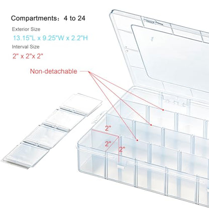 Vidifor 24-Grid Large Plastic Storage Box with Removable Dividers, Multi-compartment Organizer for Home, Office, Crafts, or School Supplies (1, Large)