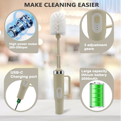 5 in 1 Electric Bottle Brush Cleaner Compatible Stanley Bottle Brush Straw Cleaner Multifunction Rechargeable IPX6 Waterproof Extra Long Design for Stanley Cup, Sports Bottle and More (Beige) - color: Beige