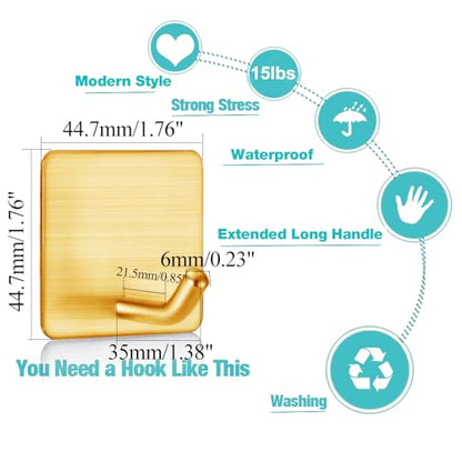 FOTYRIG Golden Stainless Steel Square Self Adhesive Hooks - Extra-Long Anti-Slip with Upgraded Adhesive, Holds 15lb Heavy Duty Wall Hooks for Kitchen, Bathroom, Garage -4 Packs - color: Gold