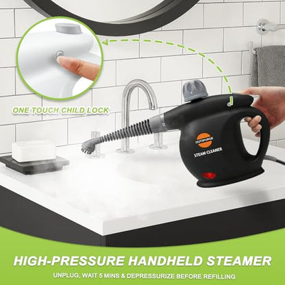 Handheld Steam Cleaner, Pressurized Multi-Surface Steam Shot with 13 Accessories, Safety Lock, Steamer for Cleaning Floor, Upholstery, Grout, Windows, Couch and Car (Black) - color: Black