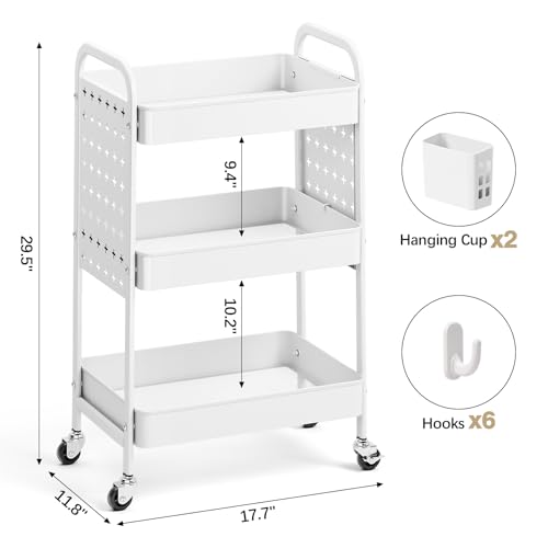 KINGRACK 3 Tier Rolling Cart with DIY Pegboard, Metal Utility Cart with Wheels, Hooks & Baskets, Sturdy Storage Organizer for Craft, Bathroom, Kitchen, Office, Nursery, Classroom (White) - color: Pure White