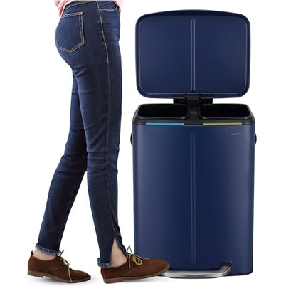 happimess HPM1005J Marco Rectangular 10.6-Gallon Double Bucket Trash Can with Soft-Close Lid, Denim Blue, Fingerprint Resistant, Modern, Minimalistic for Home, Kitchen, Office, Bedroom, Bathroom - color: Denim Blue