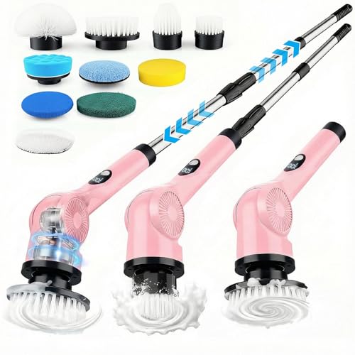 Electric Spin Scrubber, 3-Speed Cordless Shower Scrubber with 90° Adjustable & 10 Replaceable Brush Heads, 90 Mins Runtime & Full-Body IPX7 Waterproof Shower Cleaner Brush with Long Handle