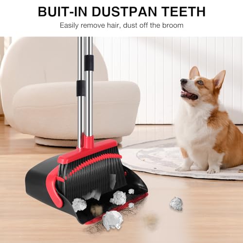 NACENA Broom and Dustpan Set, 52-in Long Adjustable Handle Broom Dustpan Combo with Dustpan Teeth to Automatically Clean Hair Suitable for Home Kitchen Office Hall Floor (Black&Red), 2 Pack