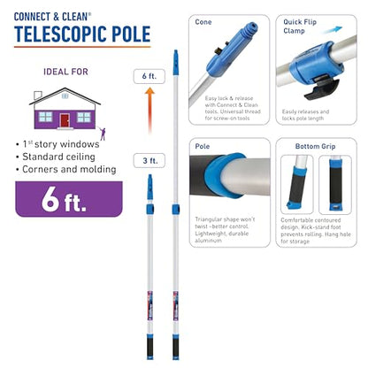 Unger Professional Connect & Clean 3’-6’ Aluminum Telescopic Extension Pole with Locking Cone & Quick-Flip Clamp – Compatible with Cleaning Tool Attachments, Window Cleaning & Dusting Tool - size: 3 - 6 Foot