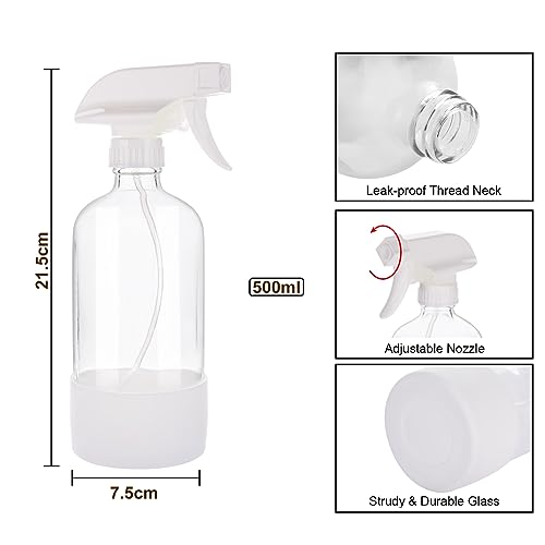 Glass Spray Bottles with Silicone Sleeve, 16 oz 2 Pack Empty Refillable Containers with Adjustable Spray Nozzles (Mist to Stream to Off), Spray Bottles for Cleaning, Hair, Plants, essential oils