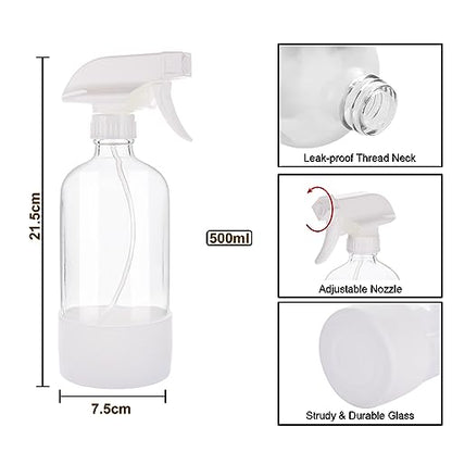 Glass Spray Bottles with Silicone Sleeve, 16 oz 2 Pack Empty Refillable Containers with Adjustable Spray Nozzles (Mist to Stream to Off), Spray Bottles for Cleaning, Hair, Plants, essential oils