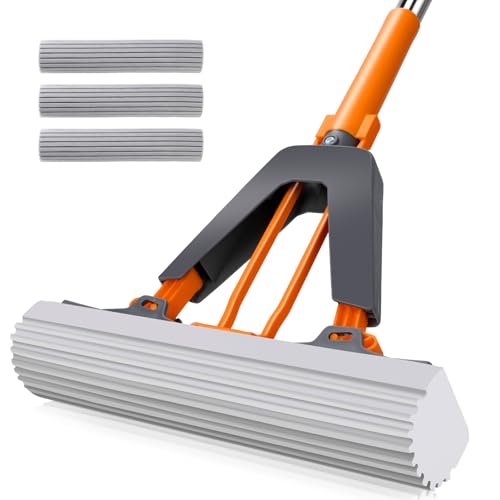 Sponge Mop,Masthome PVA Squeeze Mop with 3 Absorbent Mop Refills,Sponge Mops for Floor Cleaning,Easy Squeeze Roller Mops for Kitchen Bathroom Office - color: Orange