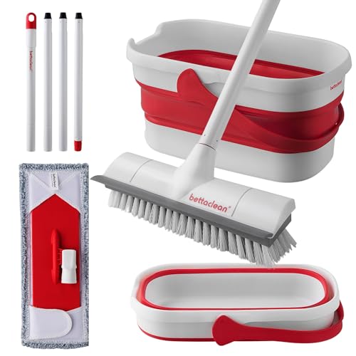 Outdoor Mop and Bucket Set with Scrub Brush for Concrete, Patio, Deck | Collapsible bucket saves space. Heavy duty scrub mop. Adjustable handle. Indoor or outdoor. Hardwood, Tile, Garage, RV
