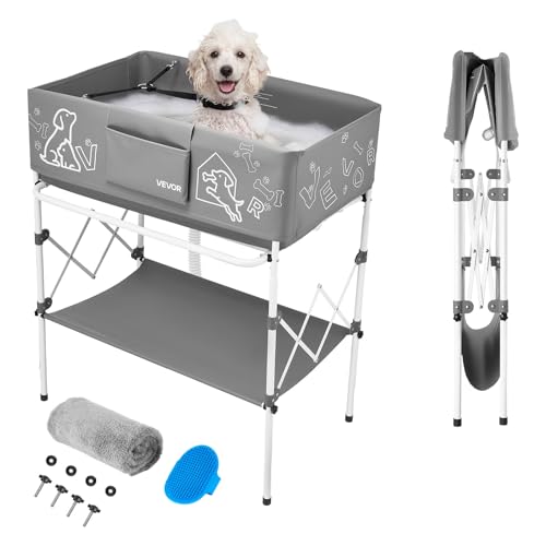 VEVOR Dog Bathtub, Elevated Dog Bath Tub, Collapsible Pet Bathing Grooming Wash Station, Portable Foldable Space-Saving, with Built-in Drain Hose for Small and Medium Pet Cat Indoor & Outdoor, Gray - color: Gray