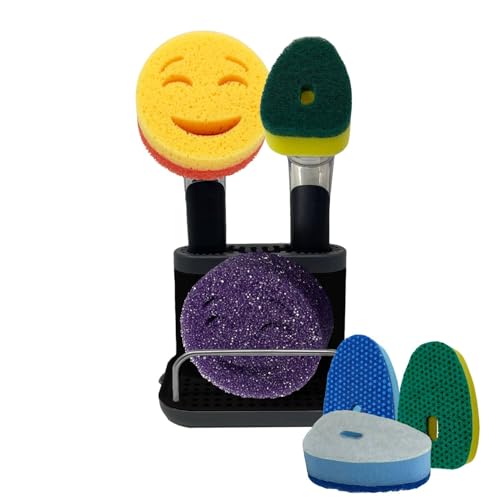 The Original Smiling Handle with Soap Dispensing for the Smiling Sponge with Smilyeez Caddy, Dishwand with Sponges, and 2 Scrub Mojis (Black) - style: Black with Sponge Dishwand
